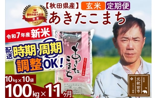 ※令和7年産 新米※《定期便11ヶ月》秋田県産 あきたこまち 100kg【玄米】(10kg袋) 2025年産 お届け時期選べる お届け周期調整可能 隔月に調整OK お米 みそらファーム