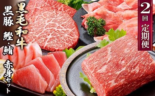 定期便2回配送　黒毛和牛・黒豚　赤身セット　CC0-0013_ 肉 牛肉 豚肉 和牛 ステーキ 赤身ステーキ 焼肉 しゃぶしゃぶ かつお まぐろ 【1626944】