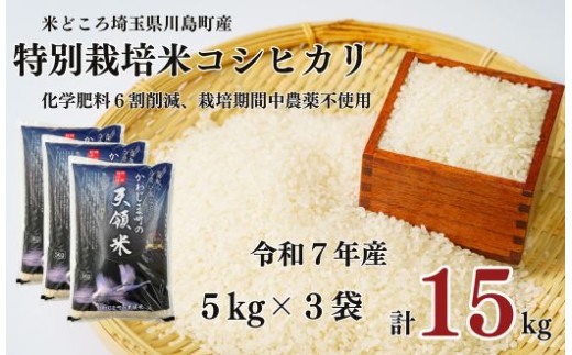 【令和7年度産　特別栽培米】埼玉県かわじま町　天領米（コシヒカリ） ５kg×３袋