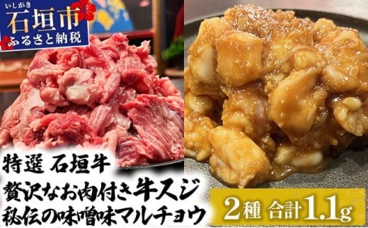 【2025年11月以降順次発送】特選石垣牛の牛スジと秘伝の味噌味マルチョウをご家庭で！！牛スジ500g、味噌味マルチョウ300ｇ×2のセット | 沖縄 石垣 牛スジ マルチョウ ホルモン 牛 肉 特選 黒毛 和牛 贅沢 秘伝 ミソ 味噌 家庭用 | IM-28