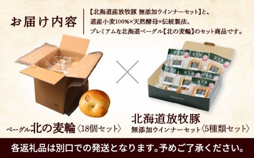 「北海道産放牧豚 無添加ウインナーセット」とトモヱベーグル「北の麦輪」18個セット