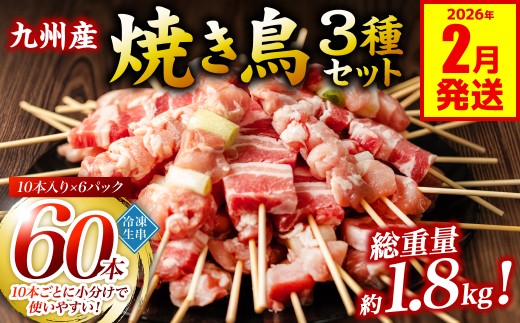 九州産 焼き鳥 セット 60本 やきとり BBQ 惣菜 小分け ボリューム バラエティー 国産 簡単 調理 おつまみ 詰め合わせ 冷凍 【2026年2月発送】