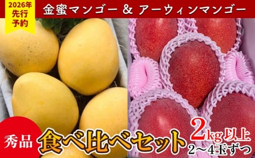 【2026年 先行予約】金蜜マンゴー&アーウィンマンゴー秀品 食べ比べセット　2kg以上 秀品 先行予約 沖縄 甘味 糖度 濃厚 おいしい お土産 アーウィン きんみつ 食べ比べ まんごー ギフト プレゼント 果物 くだもの 果実 ふるさと納税 フルーツ 送料無料 1856808 - 沖縄県名護市