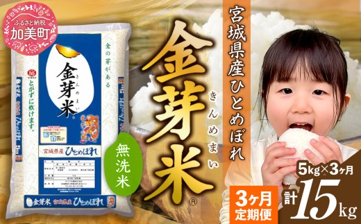 [定期便 3回] 金芽米 無洗米 令和7年産 宮城県産 ひとめぼれ 計15kg( 5kg ×3回) [カメイ 宮城県 加美町 km-my-knm05-t3-r7] 3ヶ月 米 お米 こめ コメ 精米 白米 きんめまい