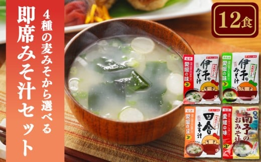 【選べる】即席みそ汁セット 4種(12食入り)| 即席 レトルト 味噌 味噌汁 みそ汁 簡単 便利 具だくさん 食べ比べ 父の日 一人暮らし 減塩 低塩 麦みそ 国産 大麦 大豆 味噌 みそ 粒みそ 調味料 麹 こうじ 味噌汁 みそ汁 愛媛県 松前町 えひめけん まさきちょう ギノーみそ