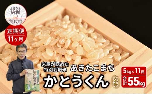 《定期便11ヶ月》【令和7年産 新米予約】【玄米】特別栽培米 秋田県産 あきたこまち 米屋が認めたお米 「かとうくん」5kg×11回 合計55kg