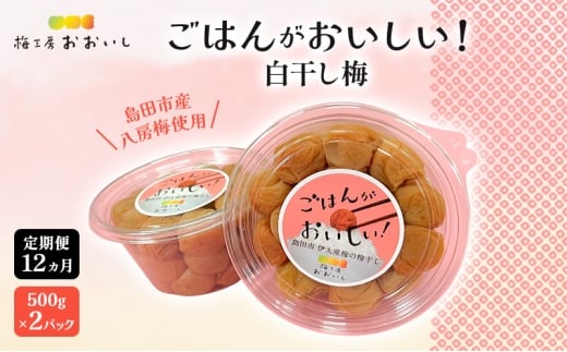 [№5695-2124]【定期便12ヶ月】八房梅使用 ごはんがおいしい！白干し梅 500g×2パック 梅干し うめぼし 白干し 塩漬け おにぎり 弁当 島田市 静岡県