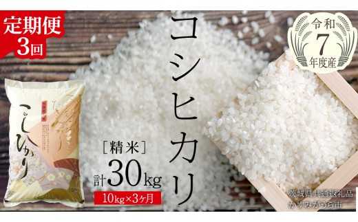 【 3ヶ月 定期便 】【 令和7年産 】 コシヒカリ 精米 10kg × 3回 ( 合計 30kg )（茨城県共通返礼品かすみがうら市）米 もっちり 甘い 銘柄米 [EX019sa]