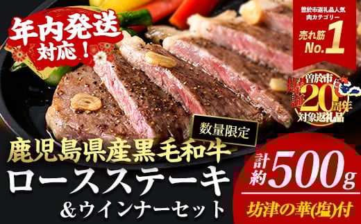 【年内発送】＜2枚・計約500g＋ウインナー2袋＞4等級以上！鹿児島県産黒毛和牛ロースステーキ2枚セット 黒毛和牛 ステーキ 冷凍【ナンチク】A780-v01-N