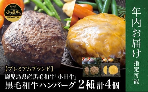 【年内お届け】鹿児島県産黒毛和牛「小田牛」 牛肉100％ 2種類のハンバーグステーキ 計4個（120g×各2個）★まだ間に合う！年内お届け★  プレミアムブランド 和牛 チーズハンバーグ 牛肉 総菜 おかず レトルト 黒毛和牛 小田畜産 冷凍 南さつま市