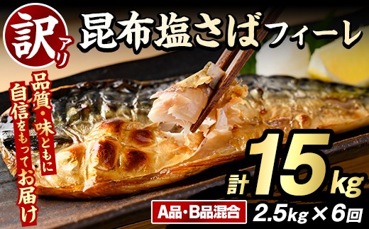 ＜定期便(隔月)・全6回＞訳あり！昆布塩さばフィーレ(A品B品混合・計15kg) 大容量 ボリューム サバ 鯖 おかず おつまみ 惣菜 焼き魚 切り身 昆布 ご家庭用 リピート 定期便【グローバルフーズ】akn061-26