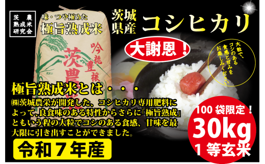 【30kg】茨城県産 コシヒカリ　1等玄米30kg ／ 令和7年 新米 米 お米 こめ コメ げんまい げん米 ご飯 国産米 30kg 30キロ コシヒカリ こしひかり 甘み 粘り 香り ツヤ おいしい お取り寄せ 産地直送 産直 茨城県 No.867