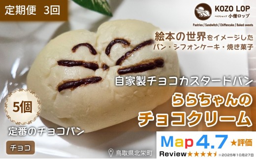 1140.【定期便3ヶ月】鳥取県産 人気キャラクターパン 自家製チョコカスタードパン ららちゃんのチョコクリーム 5個×3回 2395153 - 鳥取県北栄町