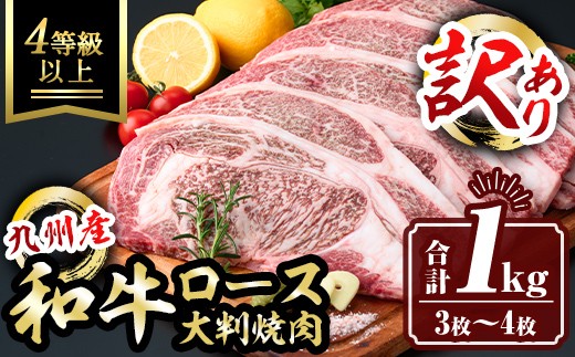 isa574 ＜訳あり＞九州産和牛ロース大判焼肉(合計1kg・3枚～4枚) 4等級以上 国産 真空包装 真空パック リブロース ステーキ 牛 うし 牛肉 アウトドア BBQ 冷凍 【サンキョーミート株式会社】