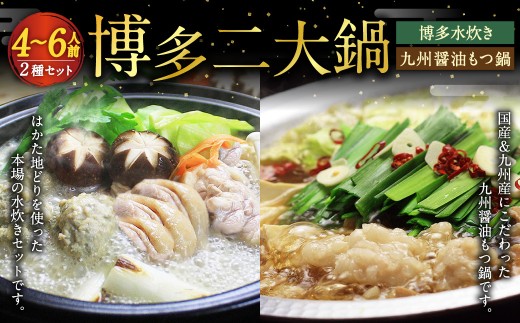 【博多鍋セット2】博多の人気2大鍋のセット「九州醤油もつ鍋」と「博多水炊き（切り身）」計4～6人前 国産 モツ 醤油 水炊き 鶏肉 牛モツ 鍋