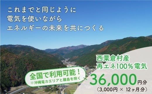 電気料金 （3,000円✕12ヶ月分） 百森でんき CO2フリー 地域電力 お礼の電力 電気代 脱炭素 ゼロカーボン 岡山県 西粟倉村 【まずは寄付のお申し込みを！】 e-vv-A03D