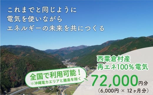 電気料金 （6,000円✕12ヶ月分） 百森でんき CO2フリー 地域電力 お礼の電力 電気代 脱炭素 ゼロカーボン 岡山県 西粟倉村 【まずは寄付のお申し込みを！】e-vv-A05D