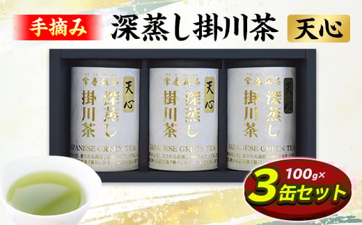 手摘み 深蒸し掛川茶 天心 100g×3缶セット 箱入包装_お茶 緑茶 茶葉 煎茶 掛川茶 手摘み 深蒸し 深蒸し茶 おちゃ 茶 日本茶 100g×3缶 静岡県産 静岡県 掛川市 飲料 ギフト 箱入り 包装 プレゼント 送料無料【1619234】 2101160 - 静岡県掛川市