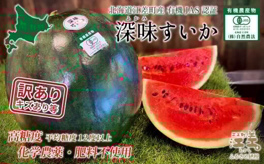 【2026年8月下旬発送開始】【訳あり】北海道産 黒皮 深味すいか  中玉 5.5kg以上 1玉  有機農産物（JAS認証）　高糖度　化学農薬不使用　オーガニック　有機農業　スイカ　すいか　西瓜　 高級西瓜　黒皮すいか　黒玉スイカ　フルーツ　果物　くだもの 　B品　規格外
