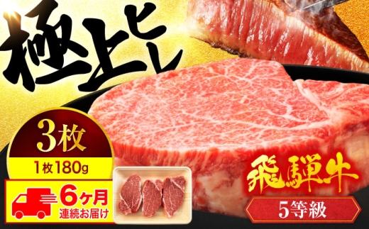 飛騨牛 【6回定期便】ヒレステーキ 180g×3枚 計540g 総計3.24kg【有限会社マルゴー】A5ランク ヒレ 和牛 国産 [MBE044]