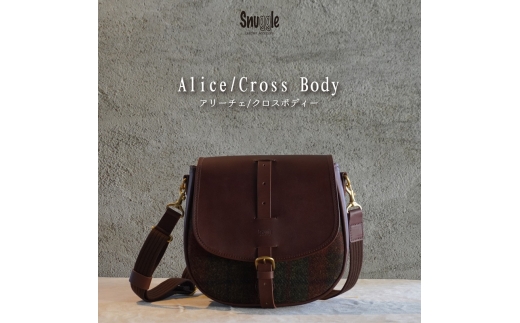 【4パターン展開】 アリーチェ　クロスボディー 【チョコ】  革小物　ハンドメイド　手縫い　一点物　革カバン　トートバッグ　レザートート　スナッグルレザー　(本体:ツイード×ショルダー:レザー) [№5915-7175]1804