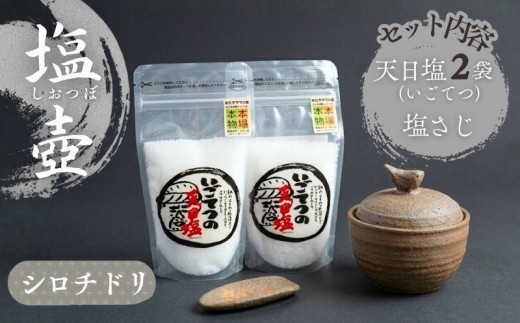 シロチドリ の 塩壷 塩さじ 天日塩 2袋 付き 日常屋 食器 さじ 調味料入れ ツボ つぼ 壷 塩 セット 調味料 保存容器 陶器 高知県 黒潮町 [1495]