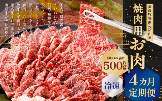 武藤牧場直売店山嘉 焼肉用お肉 約500g×4回 合計2kg 【冷凍 定期便4ヶ月】 ／ 牛肉 焼き肉 バーベキュー 定期便 三重県 桑名市
