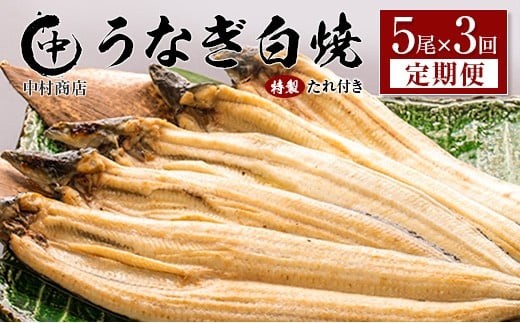 ＜定期便＞5尾×全3回 国産 うなぎ 白焼 有頭 計2.7kg以上（1回あたり 計905g以上） たれ付き 宮崎県産 鰻 中村商店