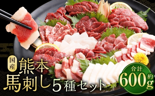 国産熊本馬刺し 5種 （ 赤身、 上赤身、 霜降り、 たてがみ、 ふたえご ） 計約600g 馬肉 刺身 グルメ 生食 冷凍 旨味 馬刺し お肉 肉 にく ニク 馬 おつまみ 国産 熊本県産 濃厚