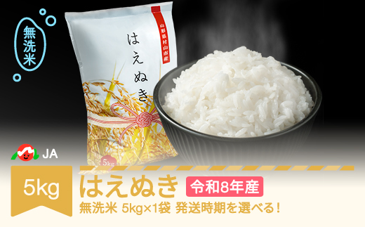 【先行予約】新米 米 5kg 5kg×1 はえぬき 無洗米 令和8年産 2027年2月上旬 ja-hamxb5-2a