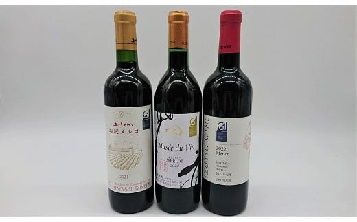 塩尻産ワイン メルロー 3本セット｜塩尻ワイン 赤 メルロー セット 飲み比べ 五一わいん 林農園 アルプス 井筒ワイン Mdv  長野県 塩尻市