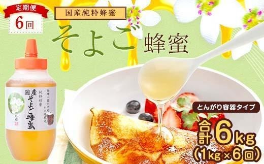 【全6回】 定期便 かの蜂 国産 そよご蜂蜜 合計6kg（とんがり容器1kgを毎月1本お届け） 蜂蜜 はちみつ ハチミツ 非加熱 国産 ボトル 常温 保存 備蓄 防災食 非常食 すっきり 保存食 防災グッズ 福岡県 八女市