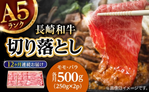 【12回定期便】長崎和牛 A5 赤身 切り落とし(モモ・バラ) 500g(250g×2) / 牛肉 和牛 モモ もも バラ バラ肉 すき焼き A5ランク 小間切れ / 諫早市 / 野中精肉店 [AHCW014]