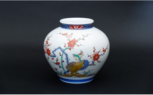 慶右衛門窯作 花瓶 染錦梅鳥　高さ約23cm 陶器 花器
