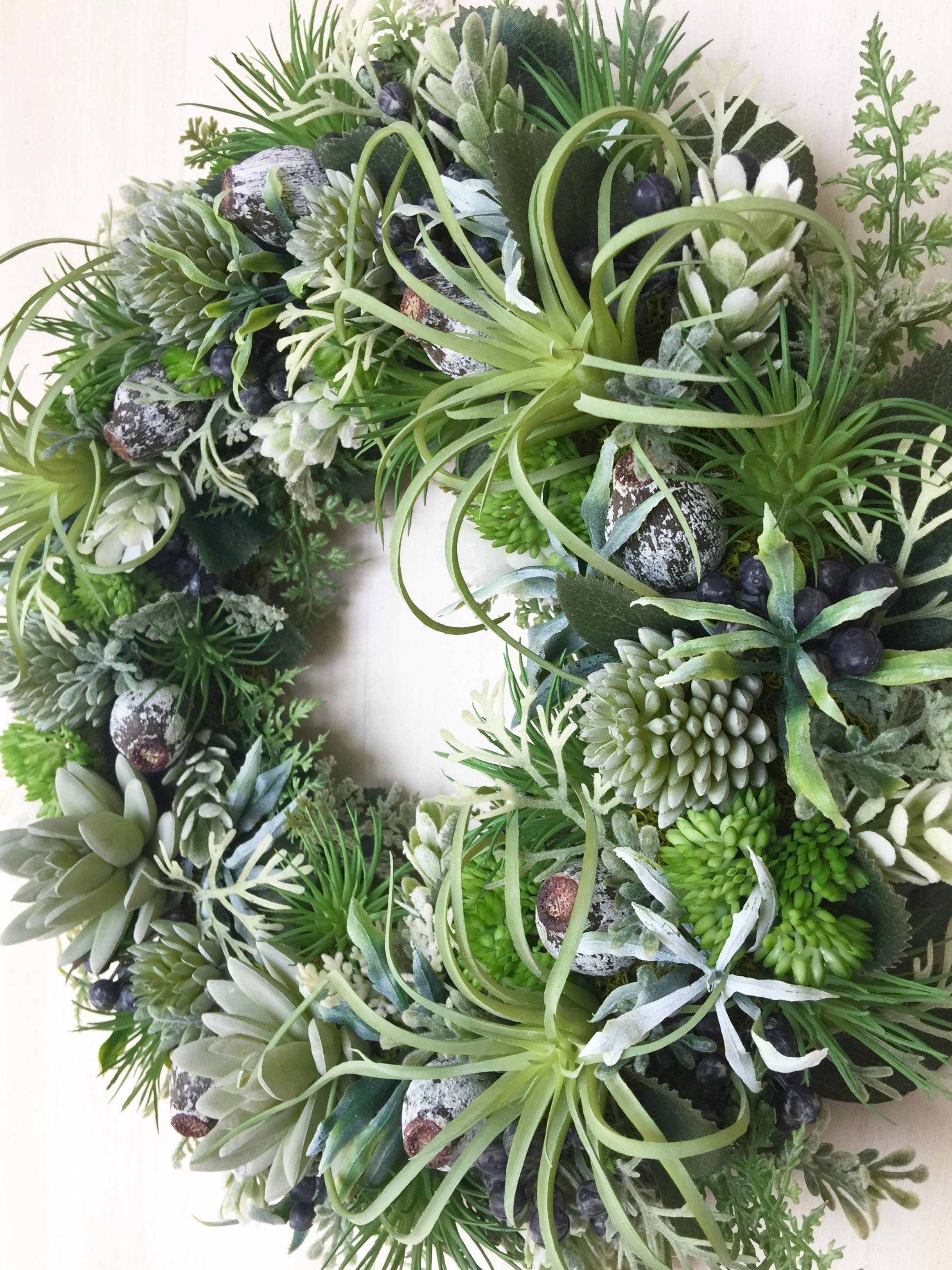 【ギフト用】美流渡の森アーティフィシャルフラワー・リース（シルバー、グリーン系）【12045】