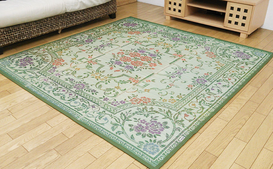 福岡 花ござ DXフラン 180×240cm（ベージュ/グリーン）カーペット ラグ