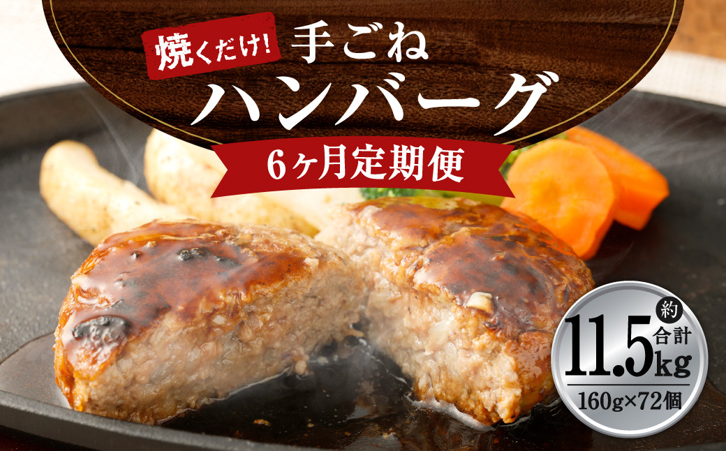 【6ヶ月定期便】手ごね ハンバーグ 約11.52kg(160g×12個)×6回