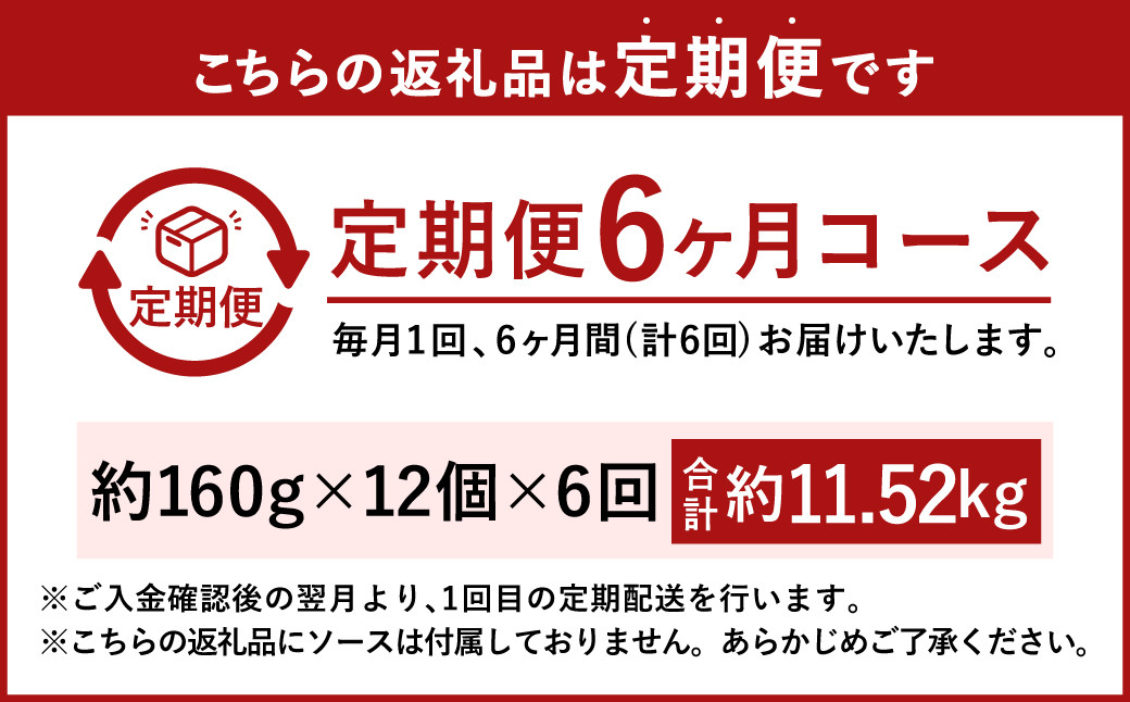 【6ヶ月定期便】手ごね ハンバーグ 約11.52kg(160g×12個)×6回