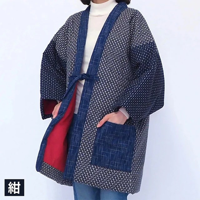 綿入れ 半纏 雪あかり柄【エンジ・からし・紺】 はんてん 織物 手縫い