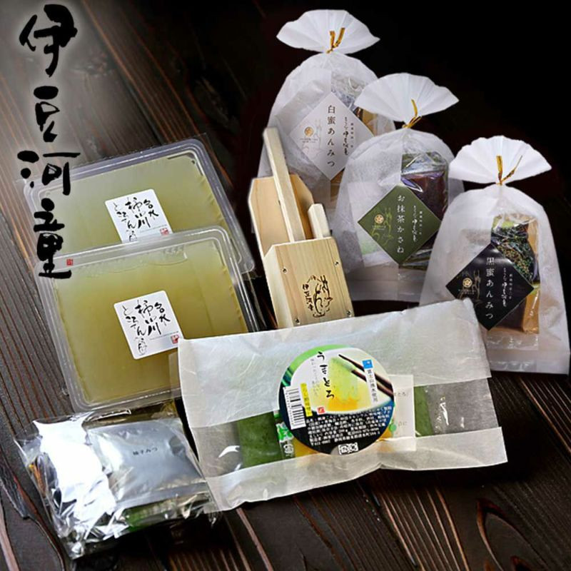 ところてん6人前（突き棒付）、あんみつ３種、究極の刺し身こんにゃく「うまとろ」