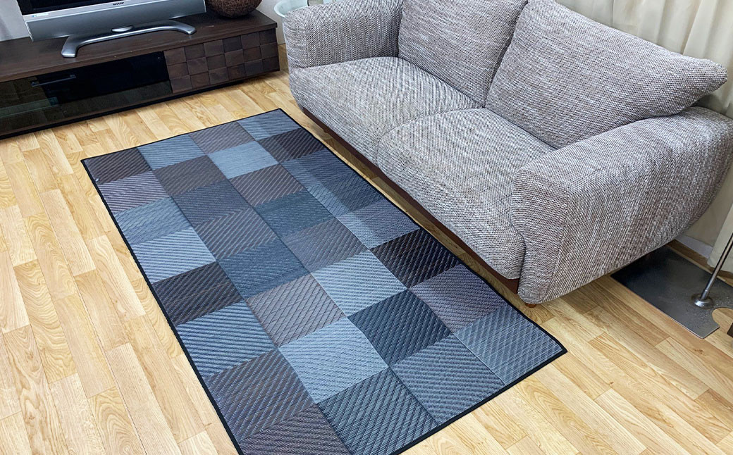 福岡 花ござ DXカラフルブロック 95×190cm(ブルー/グレイ/グリーン)カーペット ラグ