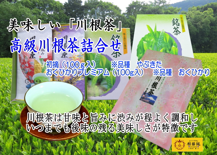 高級川根茶詰合せ、全体写真・湯呑に注いだお茶の写真