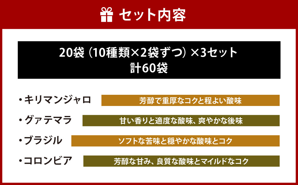 【こおふぃ屋】ドリップバッグコーヒー60袋 (10種類×6袋)