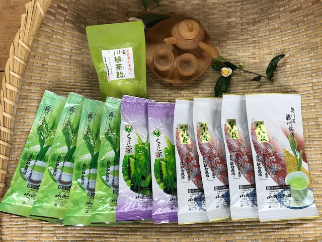 川根本町産川根銘茶10本・川根茶飴セット、全体像