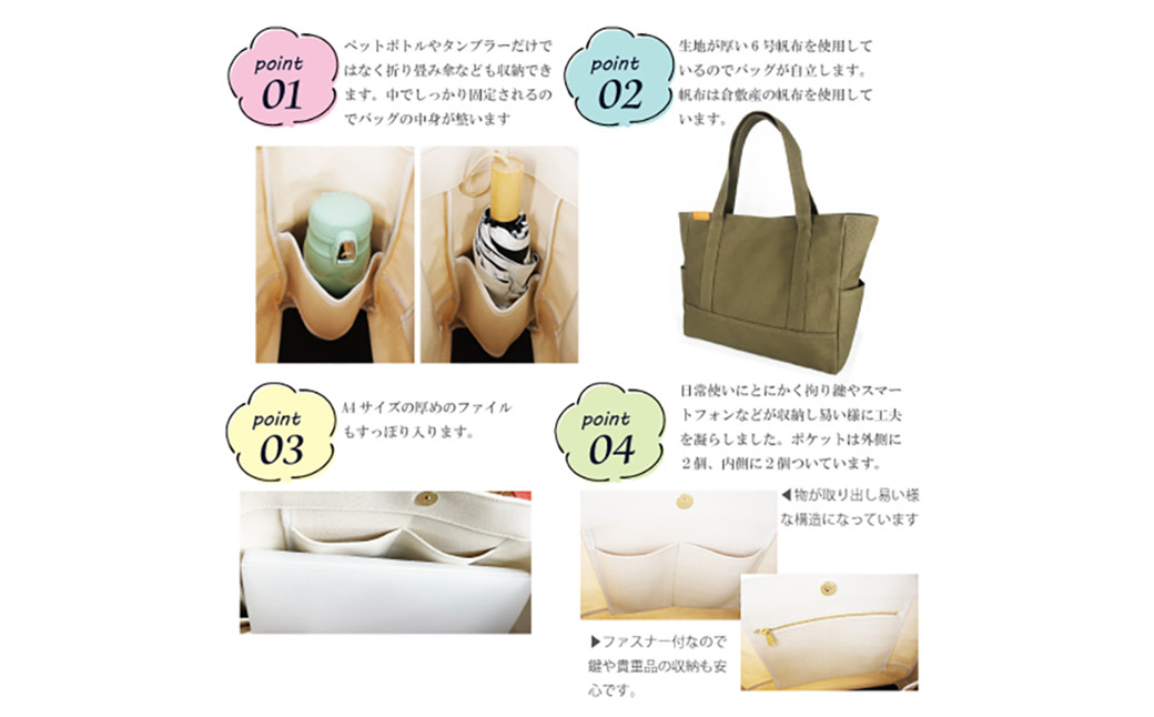 【レビューから開発】 倉敷産帆布 トートバッグ A4すっぽり ポケット充実!【生成り×キャメル】