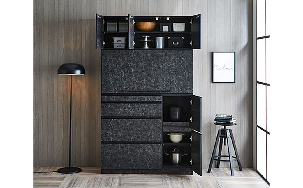 【開梱設置】 食器棚 レンジ台 ナポリ スライドアップ 扉タイプ 幅119.5 ストーンブラック キッチンボード