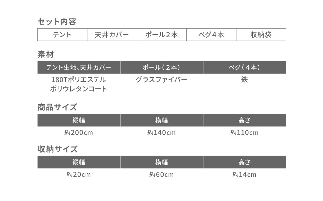 ドームテント 大人2人用 防水 フルクローズ ファミリー キャンプ アウトドア 収納バッグ付き 【グレー×ブラック】