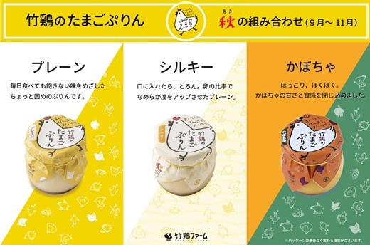 【配送地域限定】秋季限定＜白石蔵王育ち＞竹鶏のたまごぷりん　プレーン・シルキー・カボチャ各種3個セット【17007】
