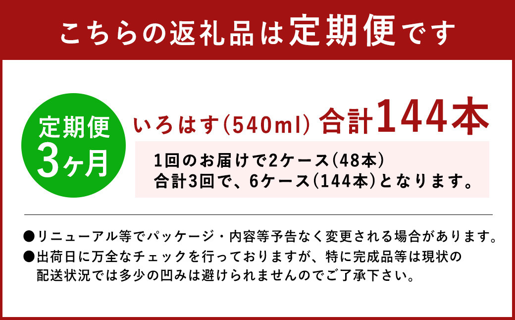 【定期便3回】い・ろ・は・す(いろはす)阿蘇の天然水 540ml 24本×2ケース 計48本×3回