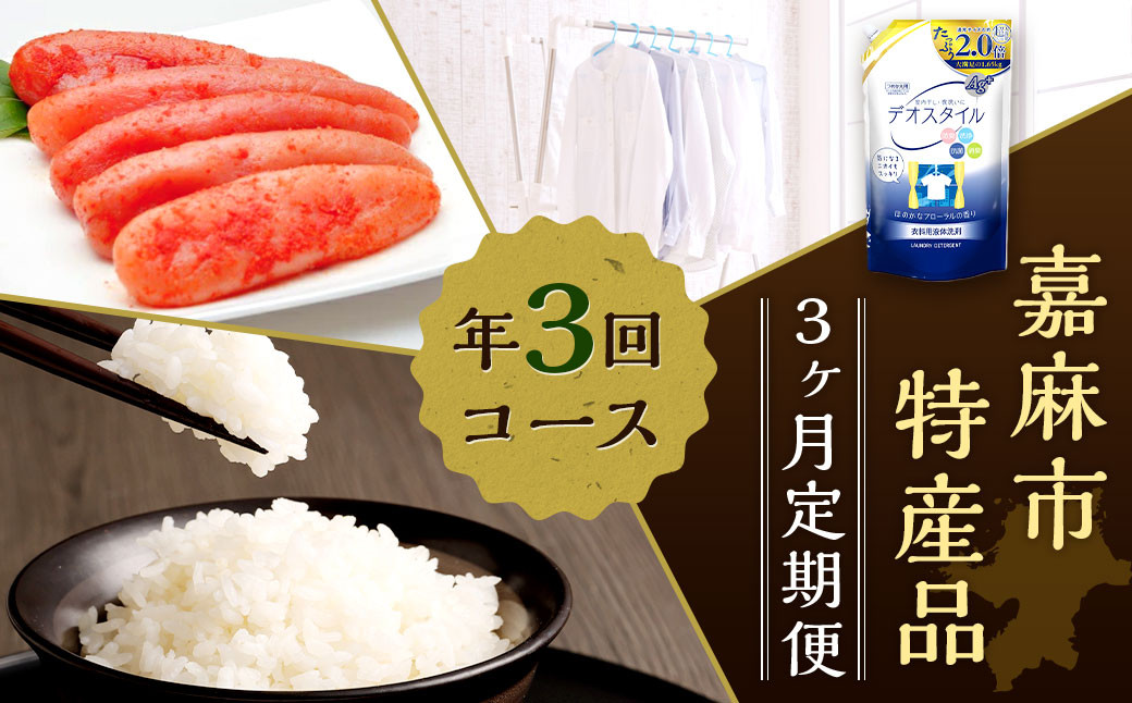 【3ヶ月定期便】 嘉麻市 特産品 定期便 Bセット （ 洗剤 、 明太子 、 お米 のセット ）
